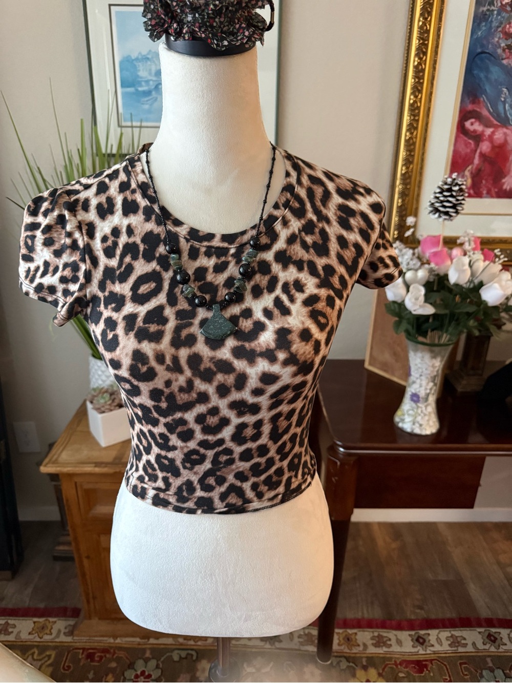 Leopard Print Short Sleeve Crop Top - Brown/Black